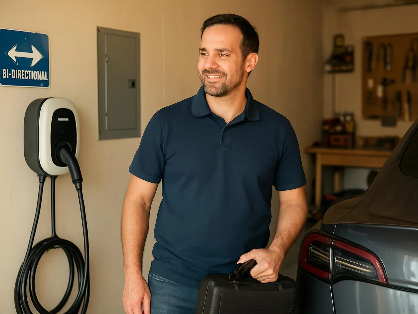 A smiling man stands beside a car in a garage next to a wall-mounted charging unit and sign