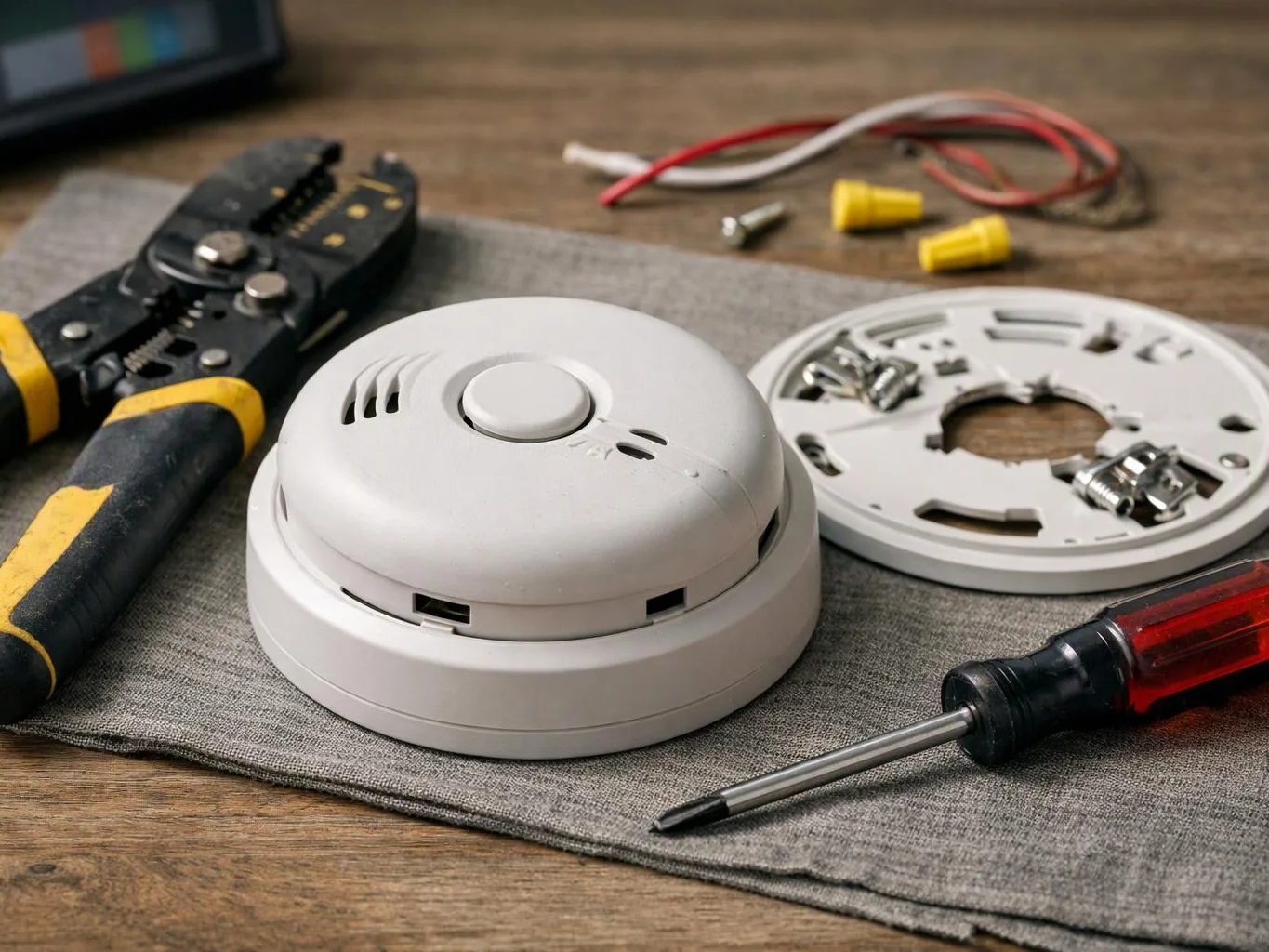A smoke detector lies on a cloth with wiring tools, screws, and a screwdriver on a wooden table
