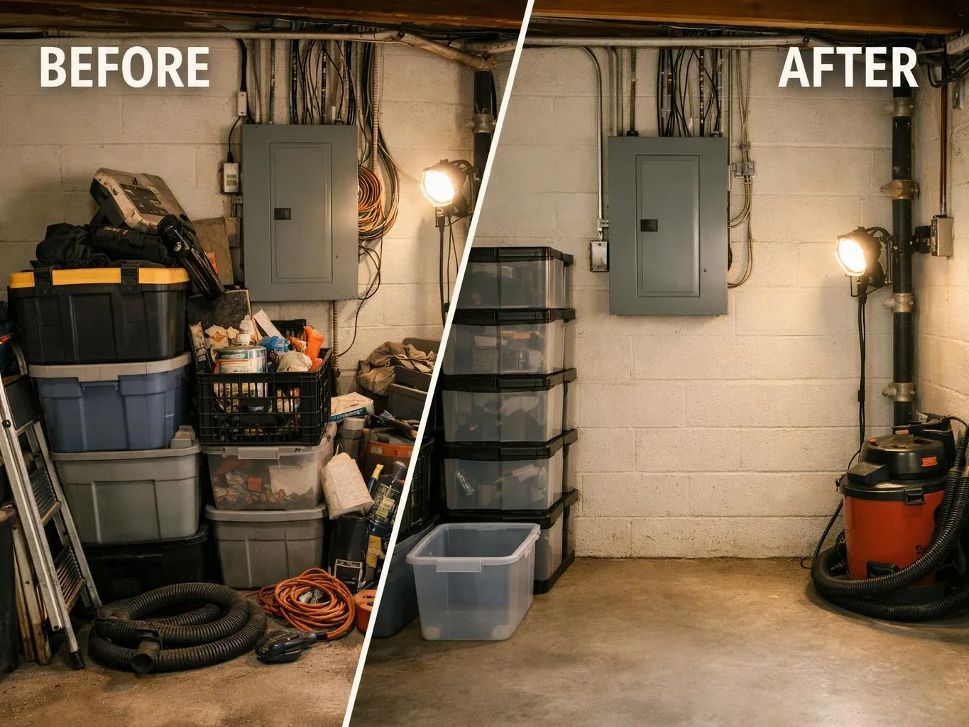 A split basement view shows cluttered storage before, and a tidier room with bins and a vacuum after