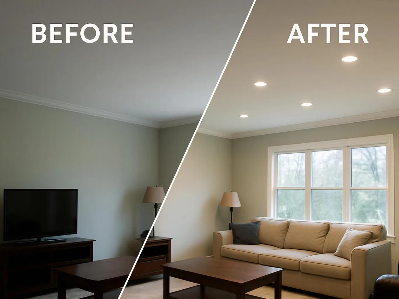 Split before-and-after living room with a TV, sofa, coffee table, lamps, and brighter ceiling lights by a window