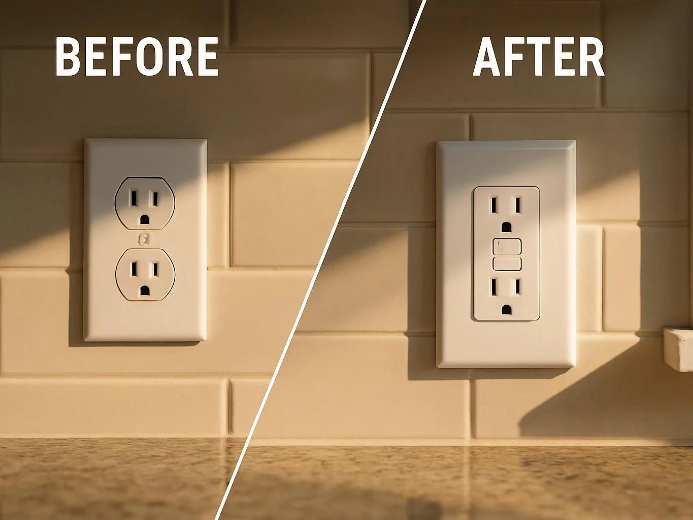 A split before-and-after view shows a kitchen outlet replaced with a newer wall plate on a tiled backsplash