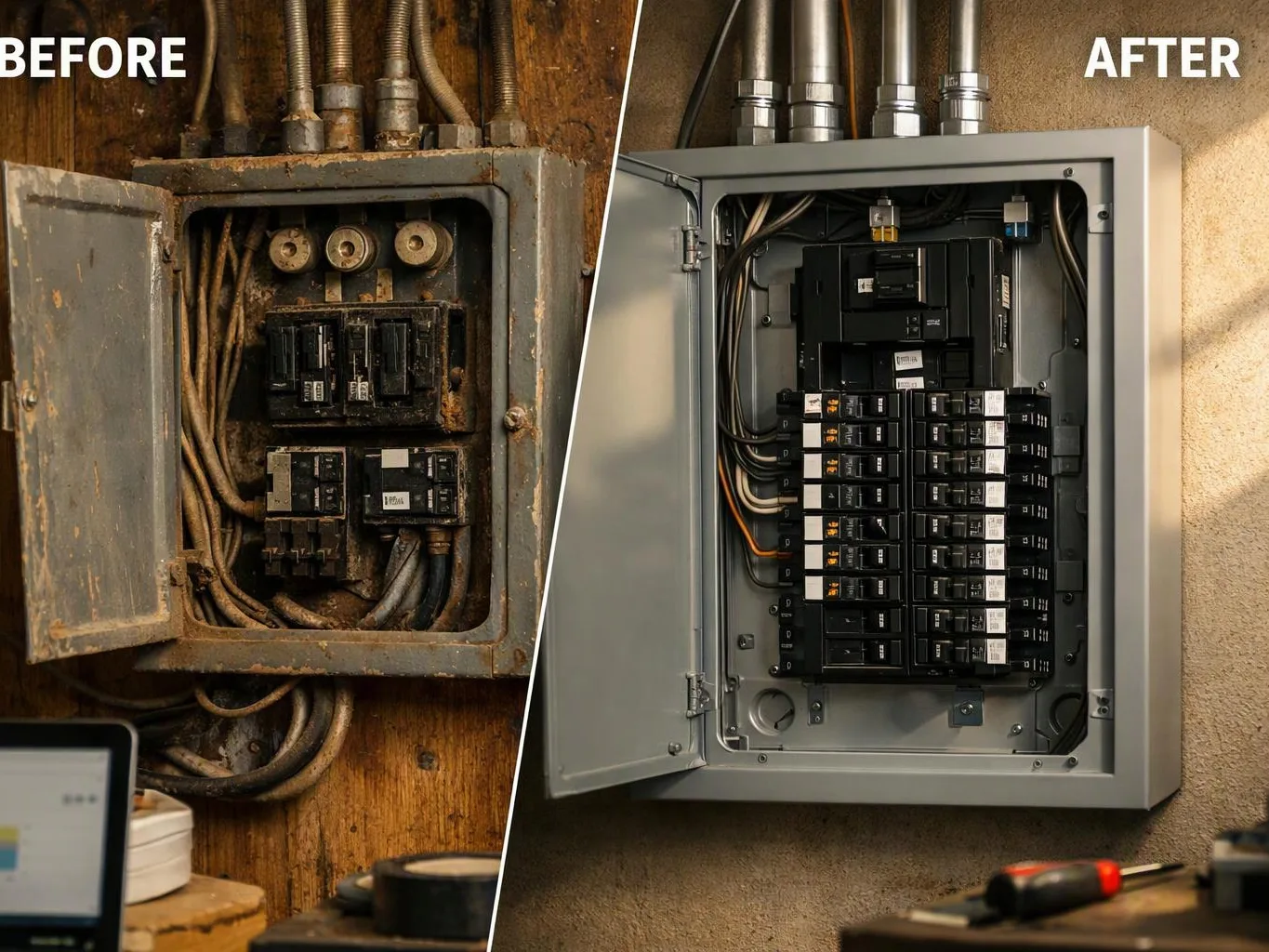 Split image showing a rusty electrical panel before and a clean modern breaker box after