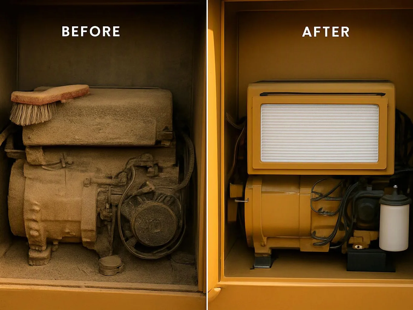 A split image shows a dusty old machine labeled “BEFORE” beside a clean updated machine labeled “AFTER” in a cabinet