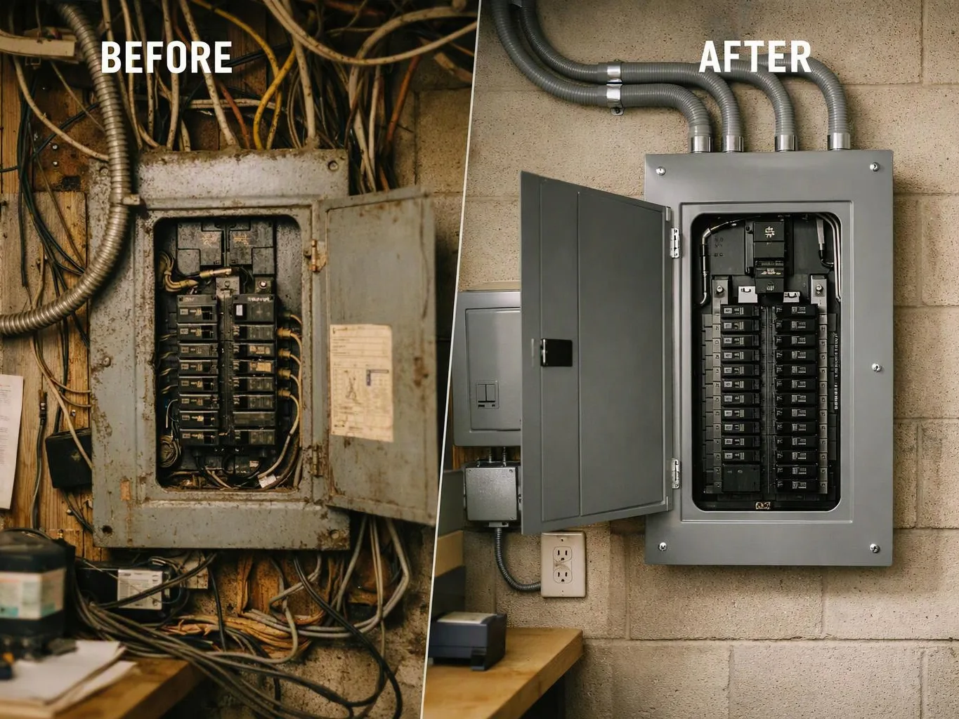 Split image shows a messy old electrical panel before and a clean, modern panel after upgrade