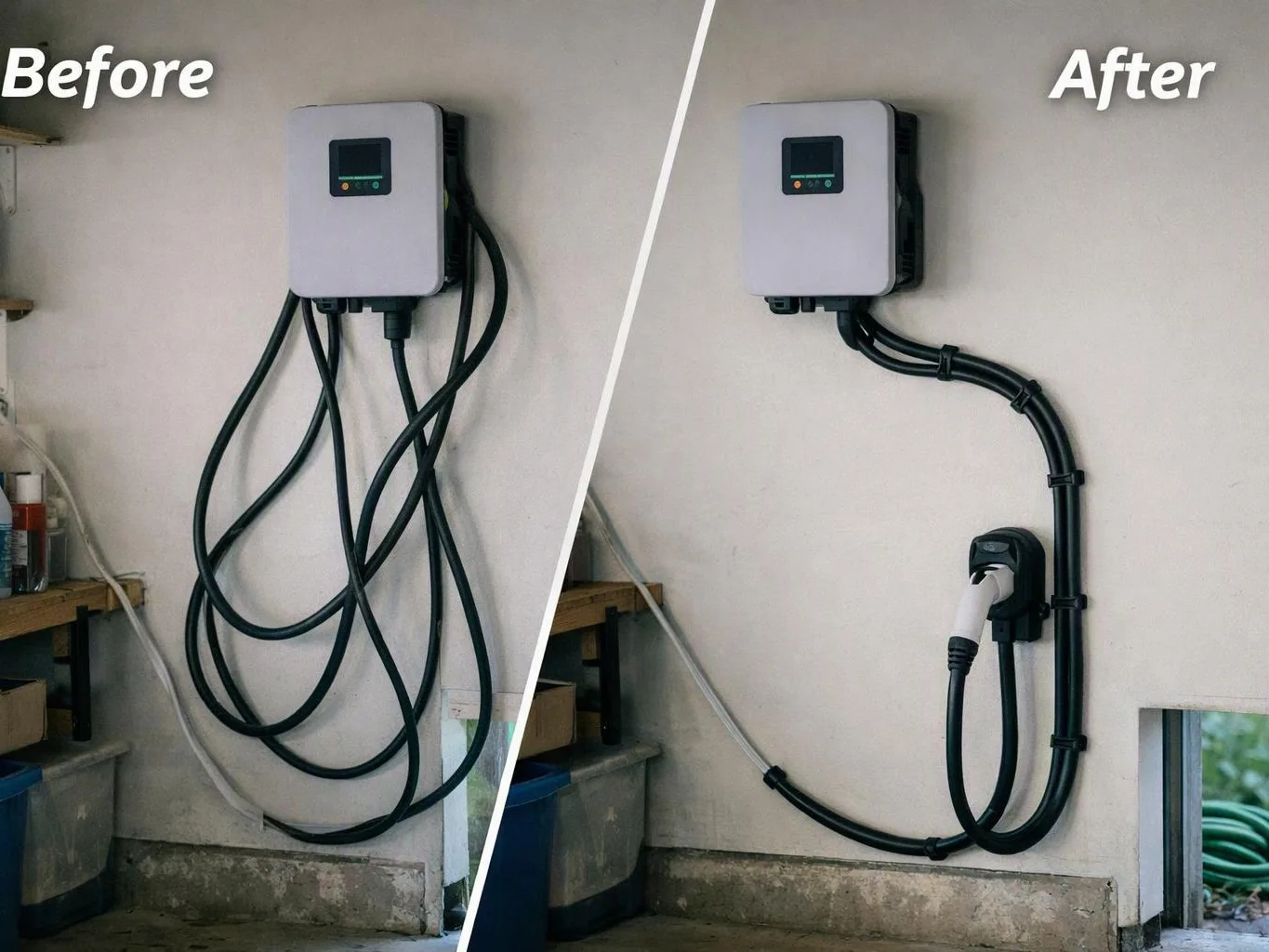 Split image shows a wall-mounted charger before and after with tangled cords replaced by neatly routed cables