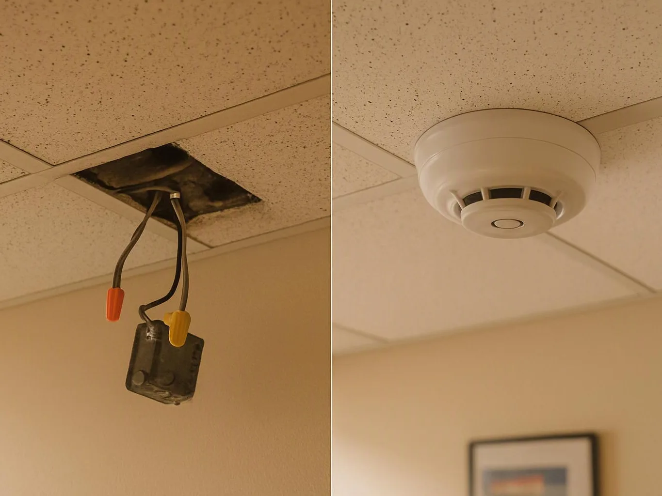 Split view shows a ceiling hole with hanging wires beside an installed smoke detector in a room