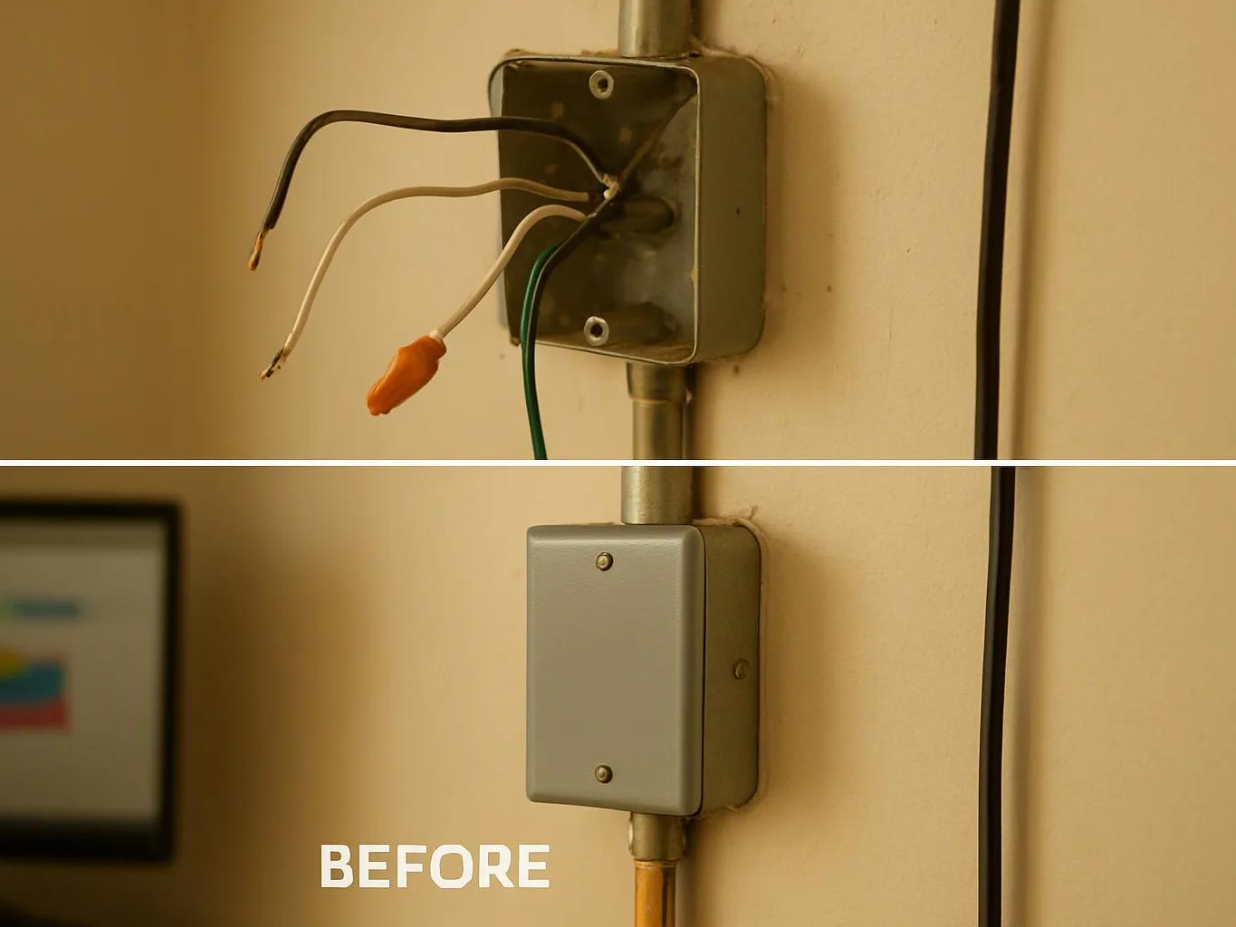 A split view shows an electrical junction box with exposed wires above, then the covered box below labeled “BEFORE”