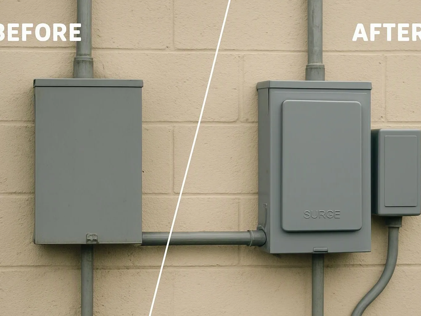 Split view shows a plain gray wall box before and a labeled surge box with conduit after