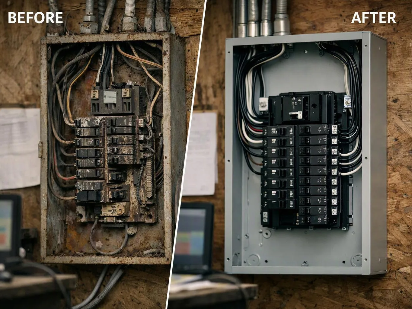 A split view shows a rusty old electrical panel before and a clean new panel after on a wooden wall