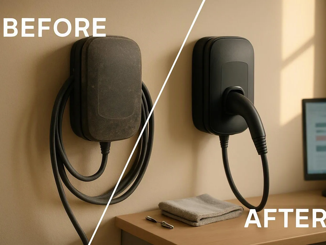 Split-view shows a wall-mounted charger before and after, with a tangled cable on the left and a neat loop on the right