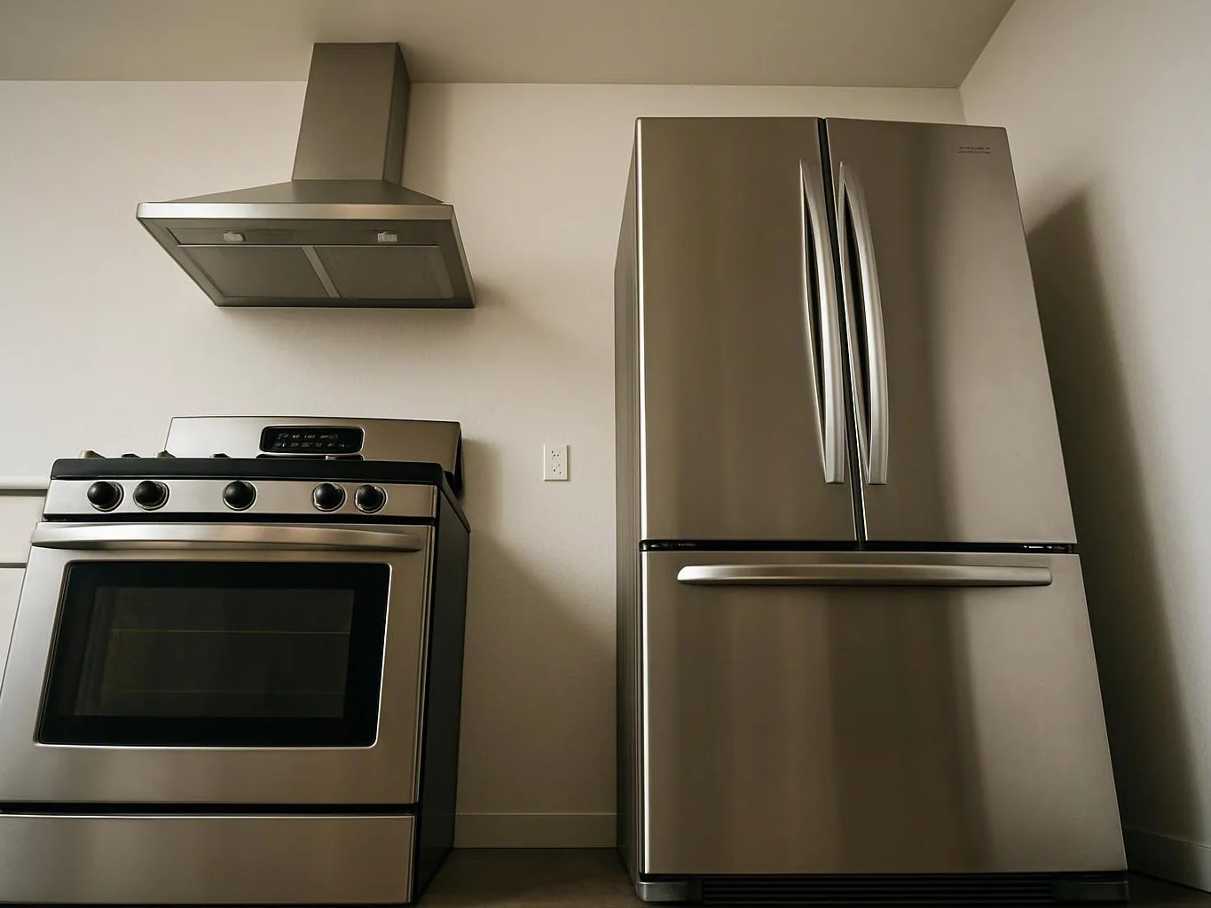 A stainless steel stove and refrigerator sit against a plain kitchen wall under a range hood