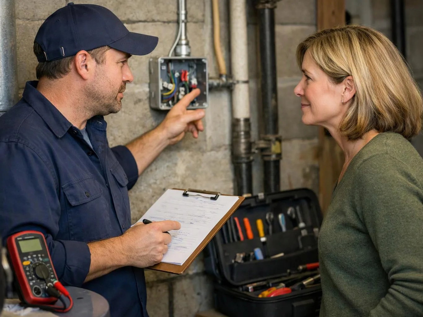 A technician in a cap points at an open electrical box while speaking to a woman in a basement utility room
