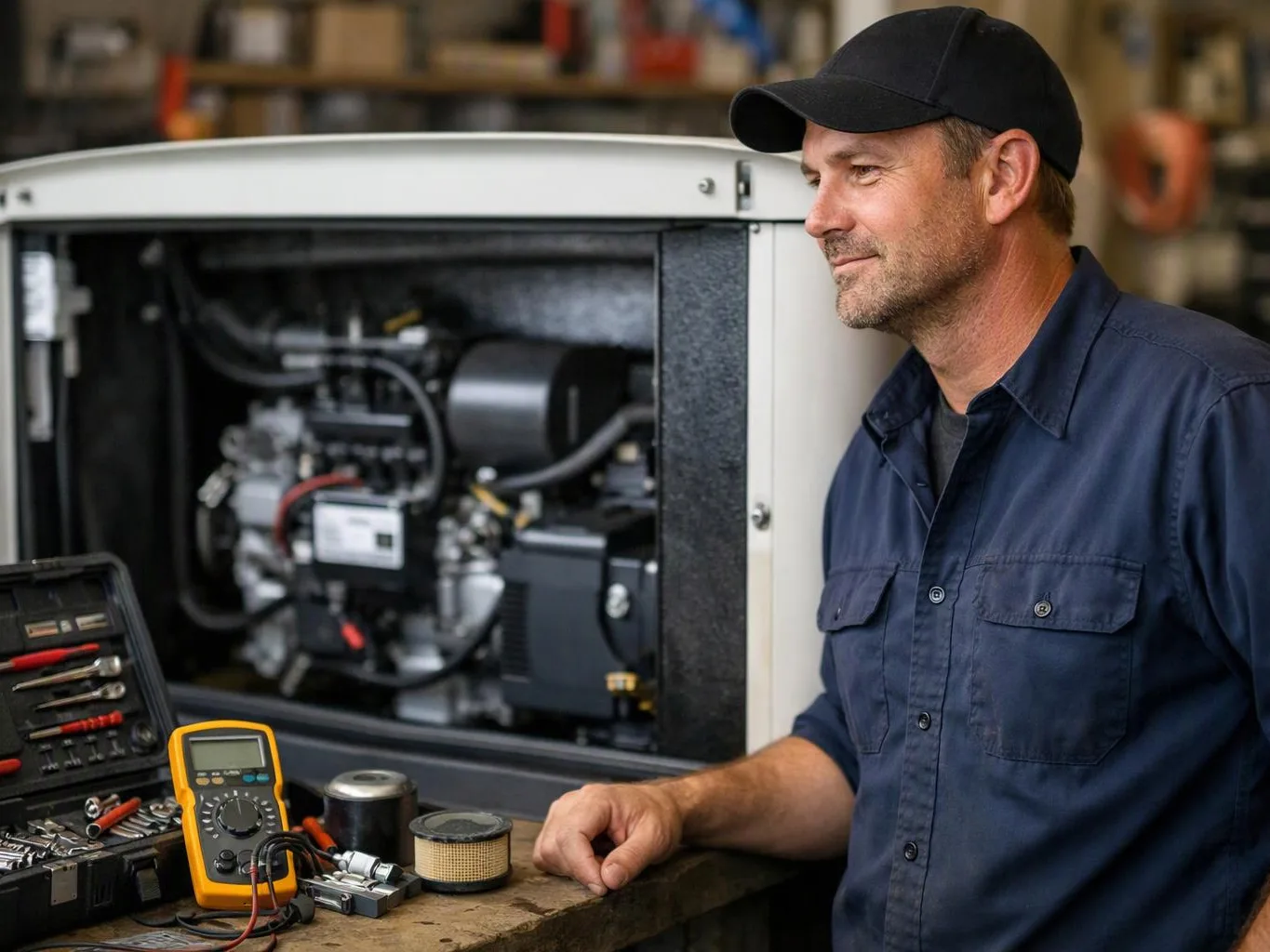 A technician in a cap stands beside an open machine panel with tools and a multimeter on the workbench