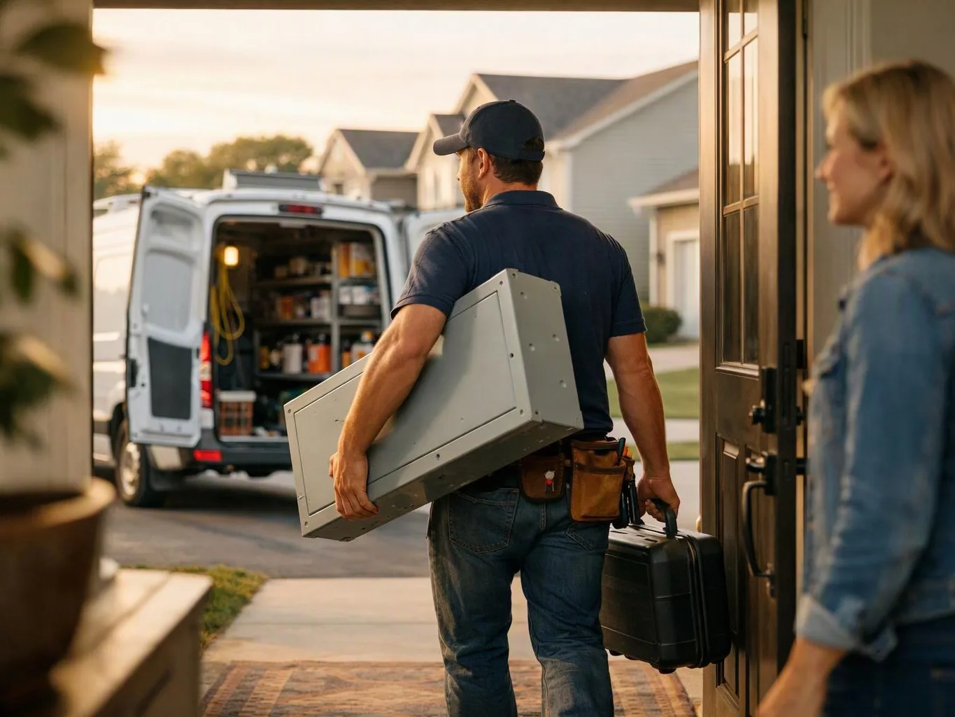 A technician carries a metal panel and toolbox toward a front door, with a service van open behind him