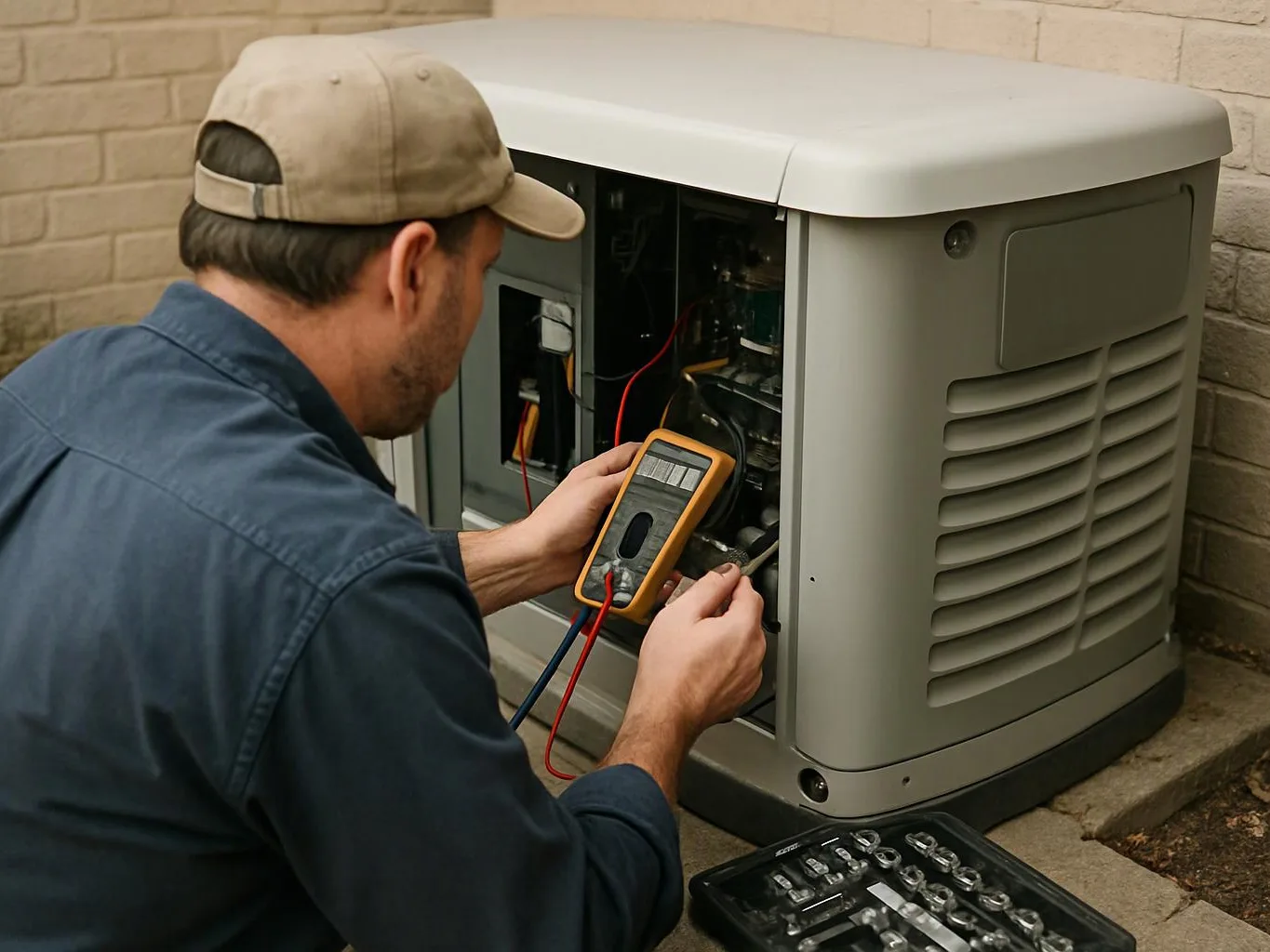 A technician checks an open outdoor generator with a multimeter beside a brick wall