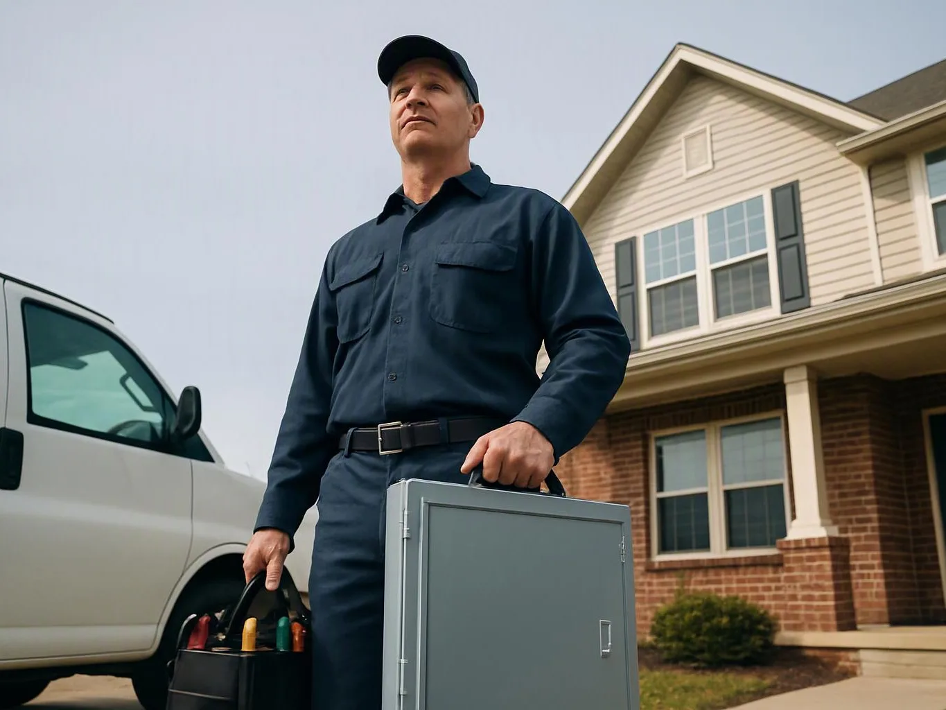 A technician in navy work clothes stands beside a house, holding a metal panel and a tool bag near a white van