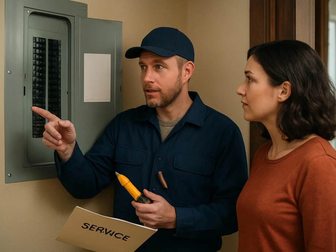 A technician points at an electrical panel while holding tools, and a woman watches beside him