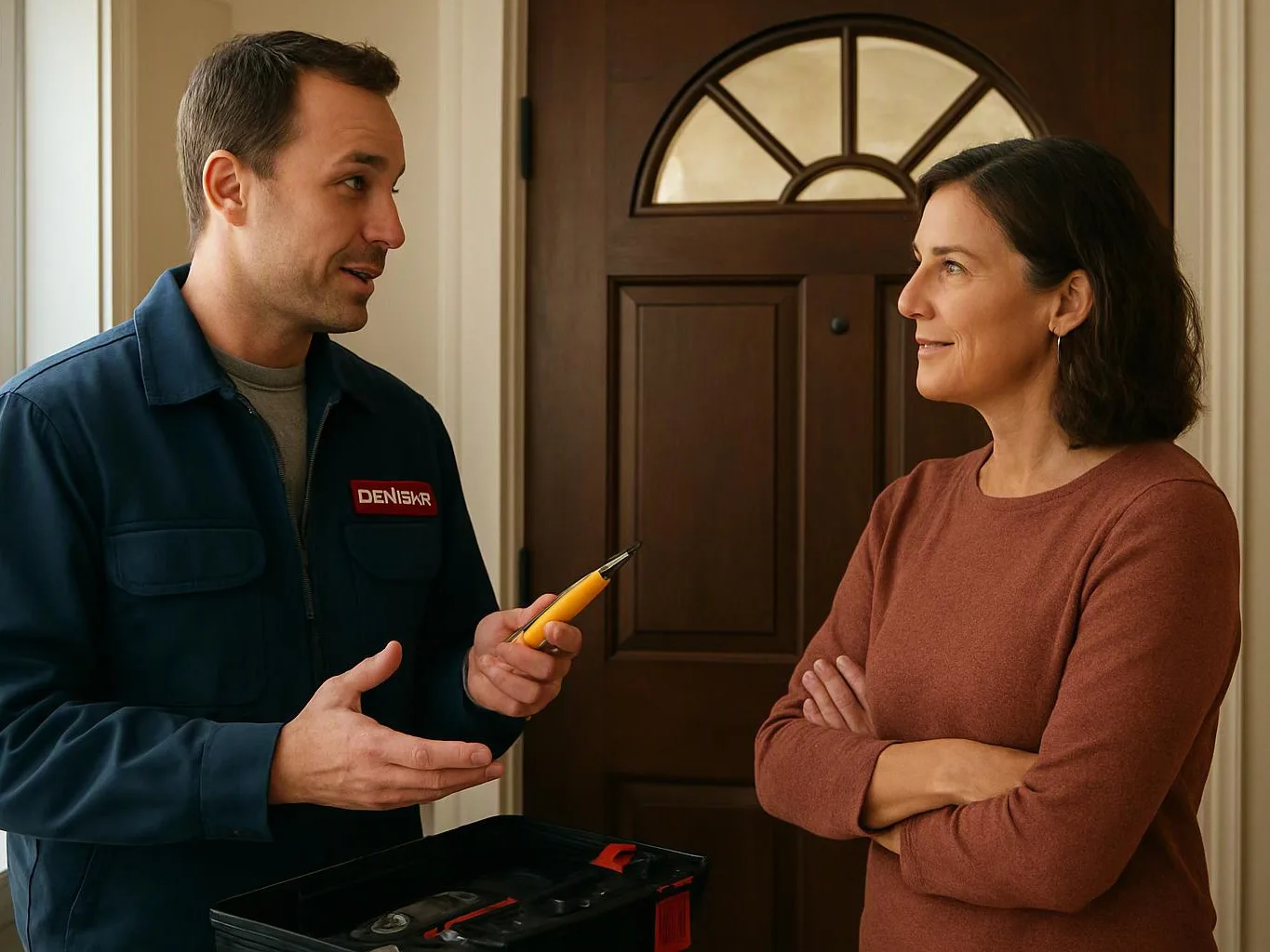 A technician talks to a woman beside a front door while holding a yellow tool and an open toolbox