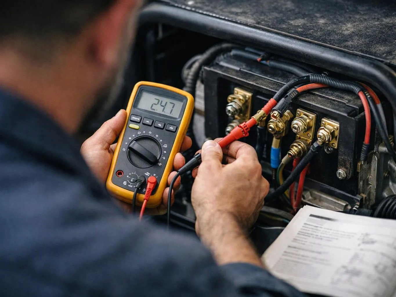 A technician tests electrical connections inside a machine with a digital multimeter, with a manual open beside him