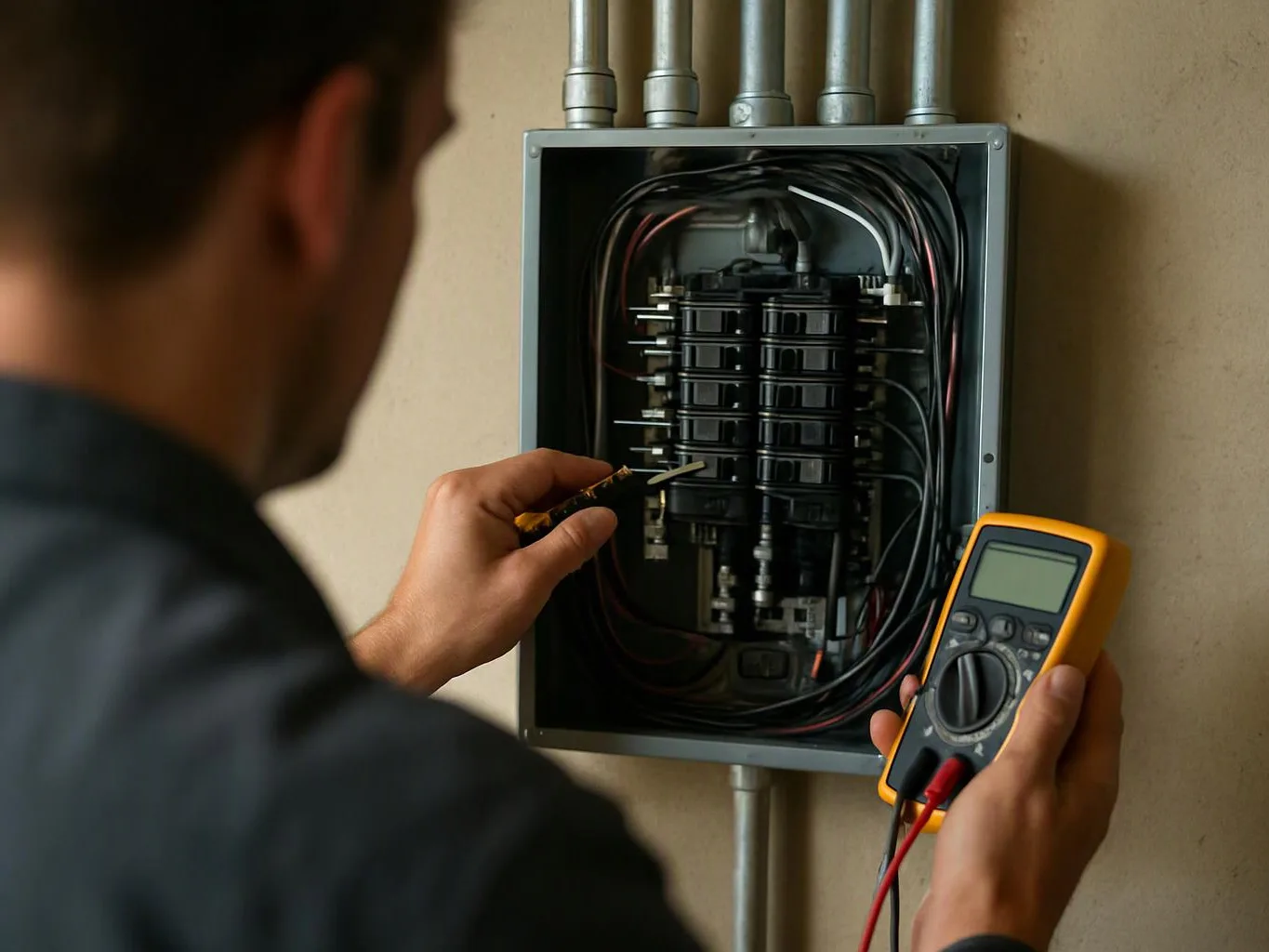 A technician tests wiring inside an open electrical panel while holding a digital multimeter in a wall-mounted box