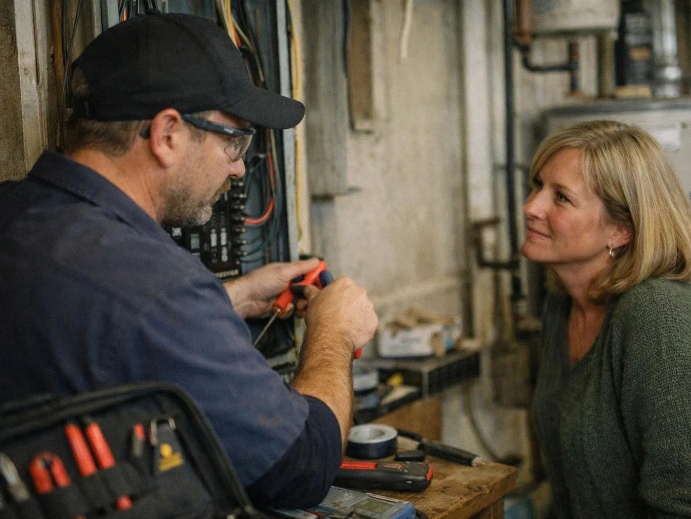 A technician uses pliers on wiring while a woman watches inside a basement utility room