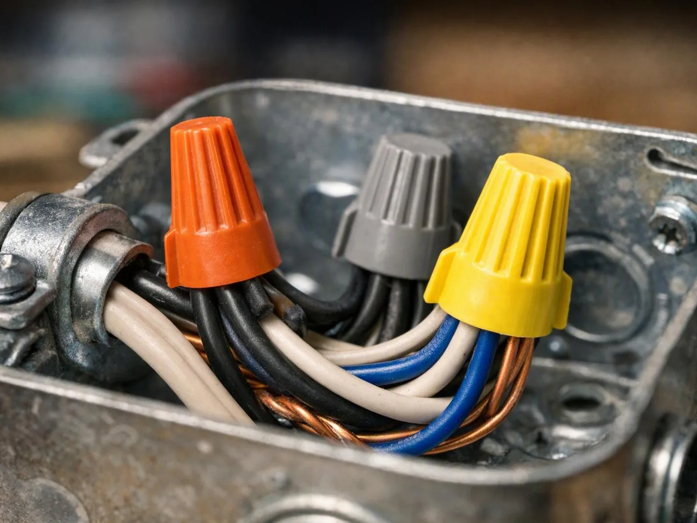 Three wire nuts cap bundled electrical wires inside a metal junction box