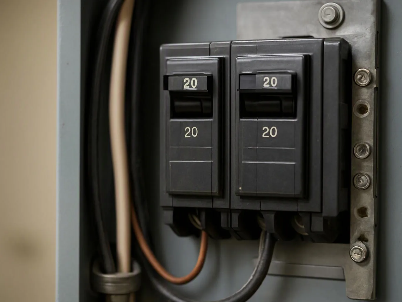 Two black 20-amp circuit breakers sit inside an electrical panel with wires and metal hardware visible