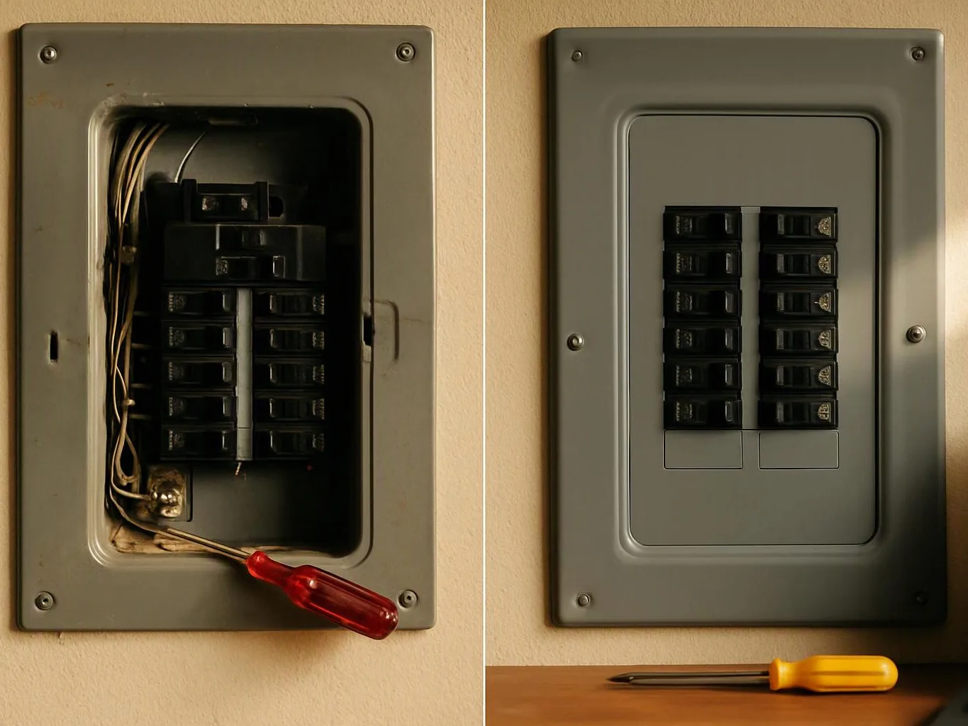 Two electrical breaker panels are mounted on a wall, one open with wires and a red screwdriver