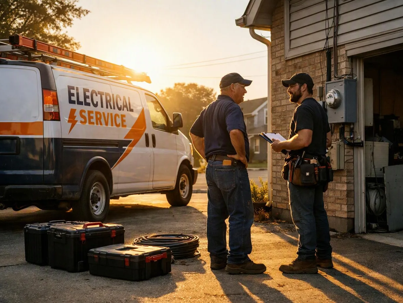 Two electricians talk beside a service van and tools outside a brick house at sunset