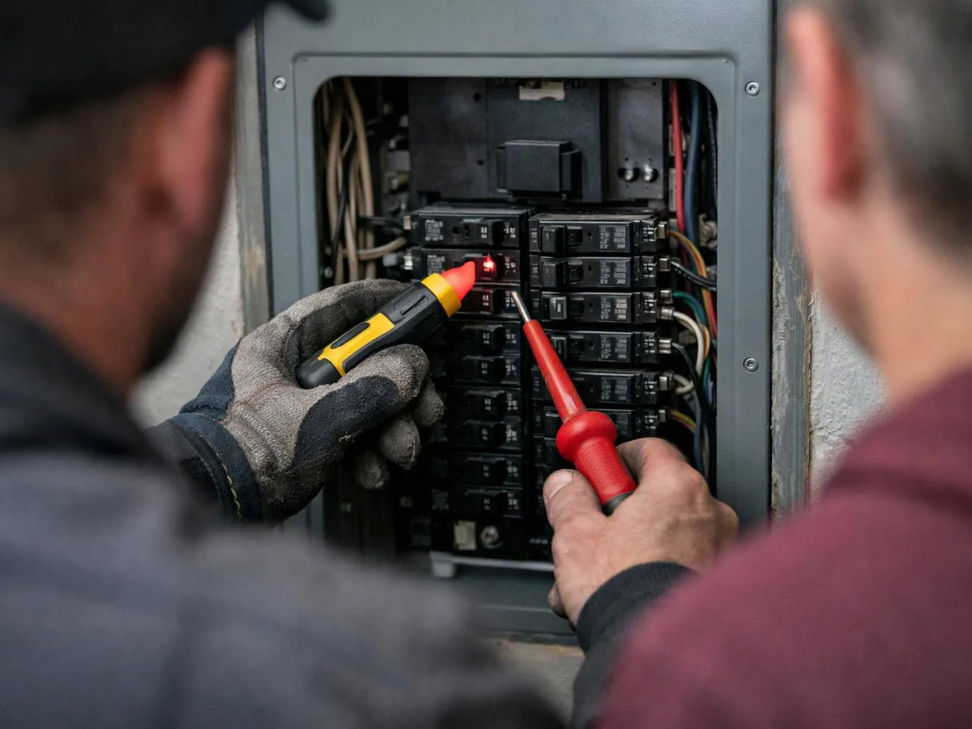 Two gloved workers test a breaker panel with probes inside an open electrical box