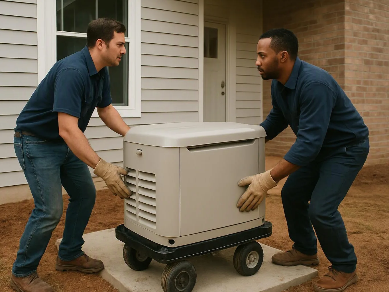 Two men in gloves push a portable generator on a wheeled cart beside a house exterior