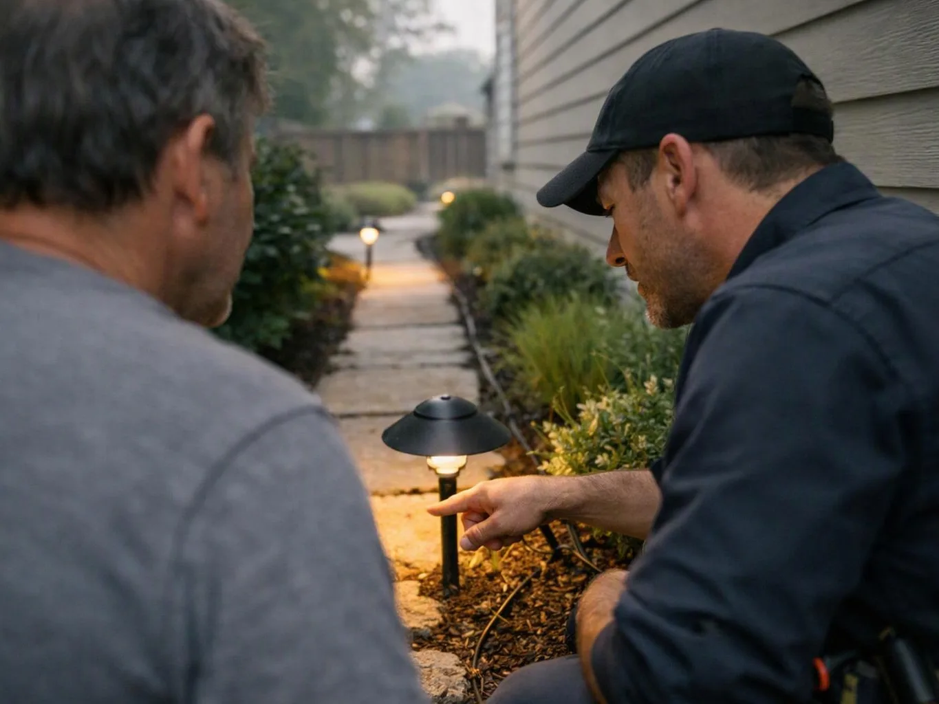 Two men inspect a lit pathway lamp beside a house and garden beds in the evening