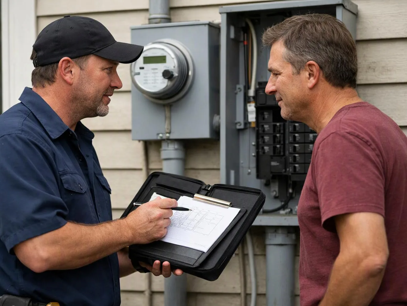 Two men stand outside beside an open electrical panel, one points at papers on a clipboard while talking to the other