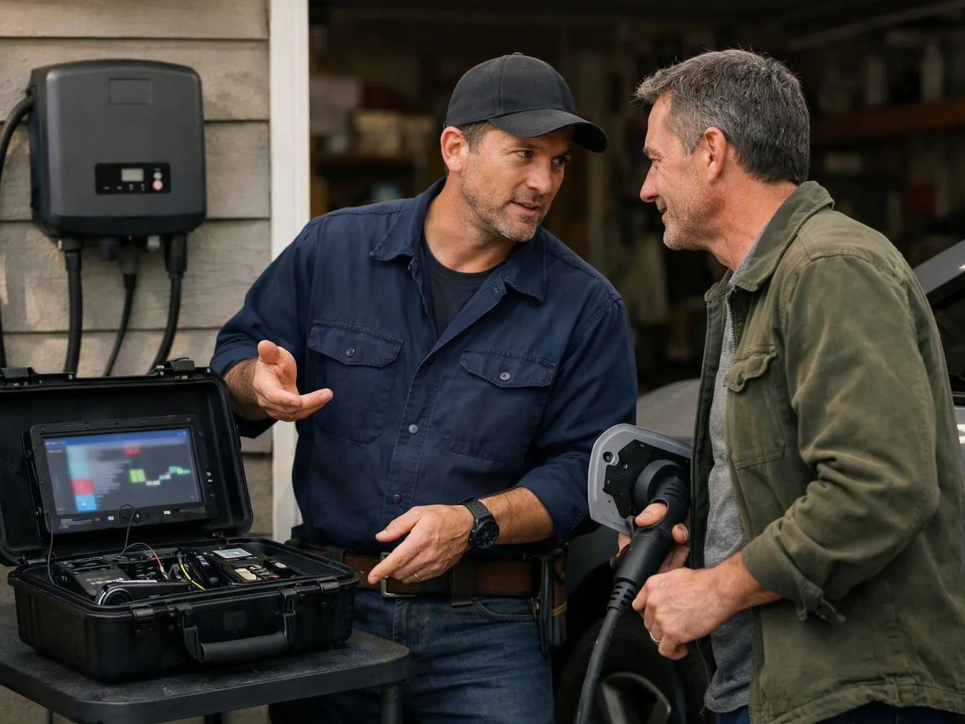 Two men talk beside an open equipment case and a wall-mounted charger in a garage