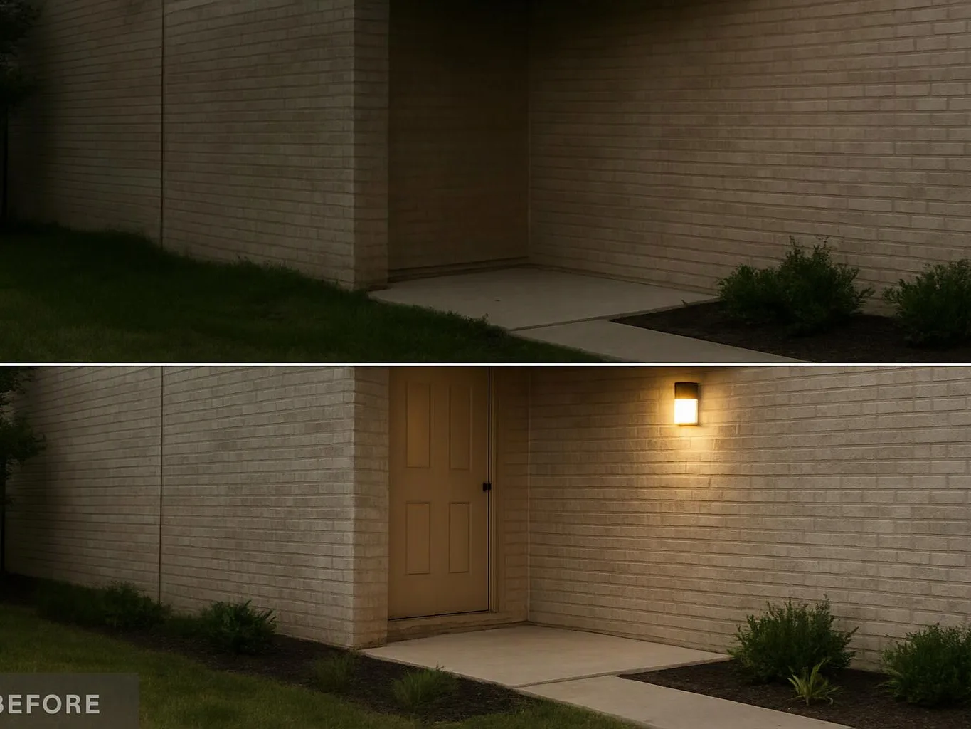 Two porch views show a brick wall, door, walkway, shrubs, and a lit wall lamp in the lower image