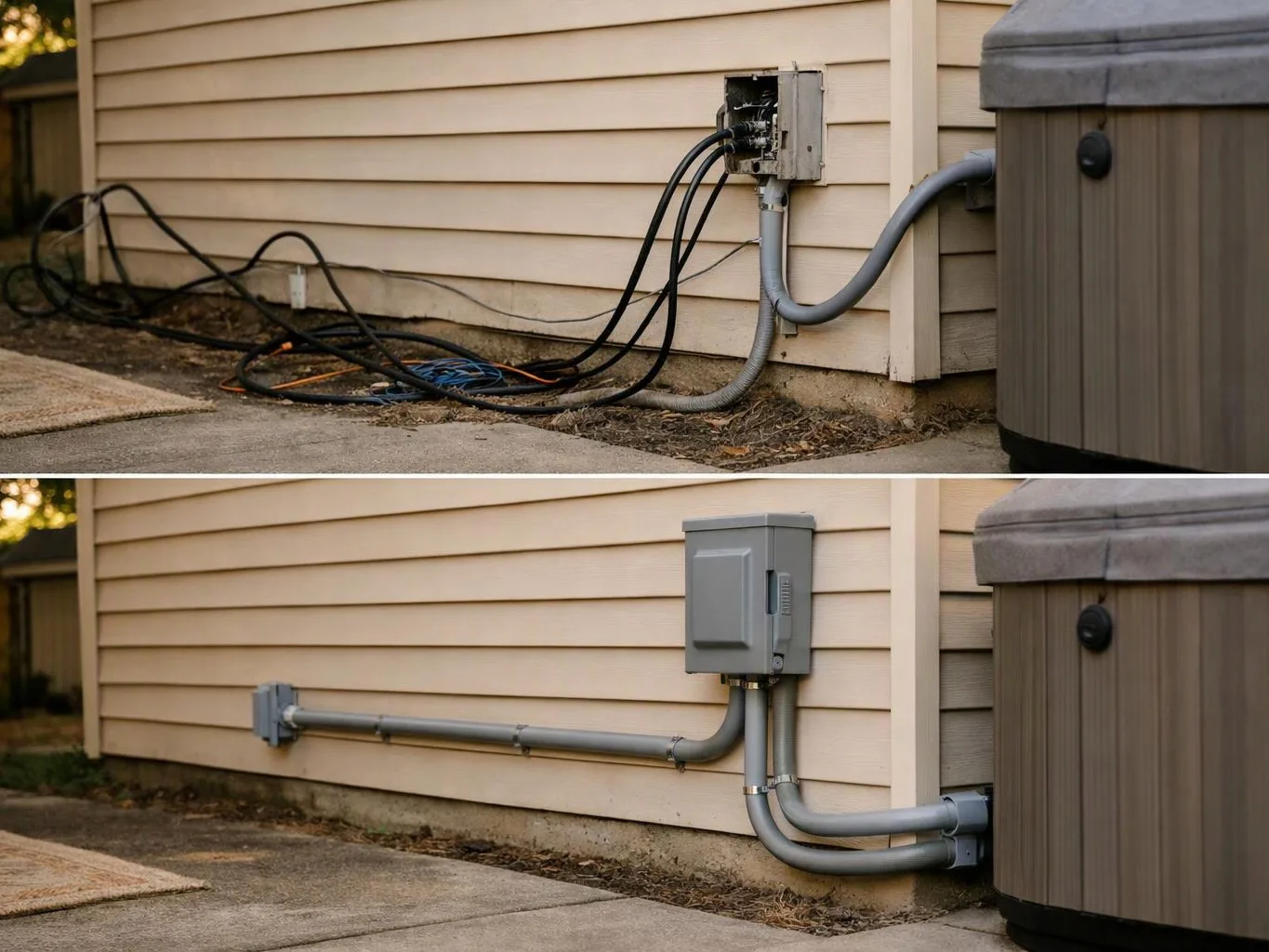 Two side by side photos show exposed cables being replaced with neatly run gray electrical conduit on a house wall