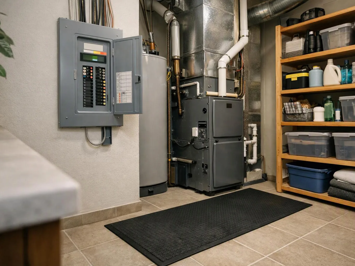 A utility room shows a furnace, water heater, breaker panel, and shelves with storage bins and bottles