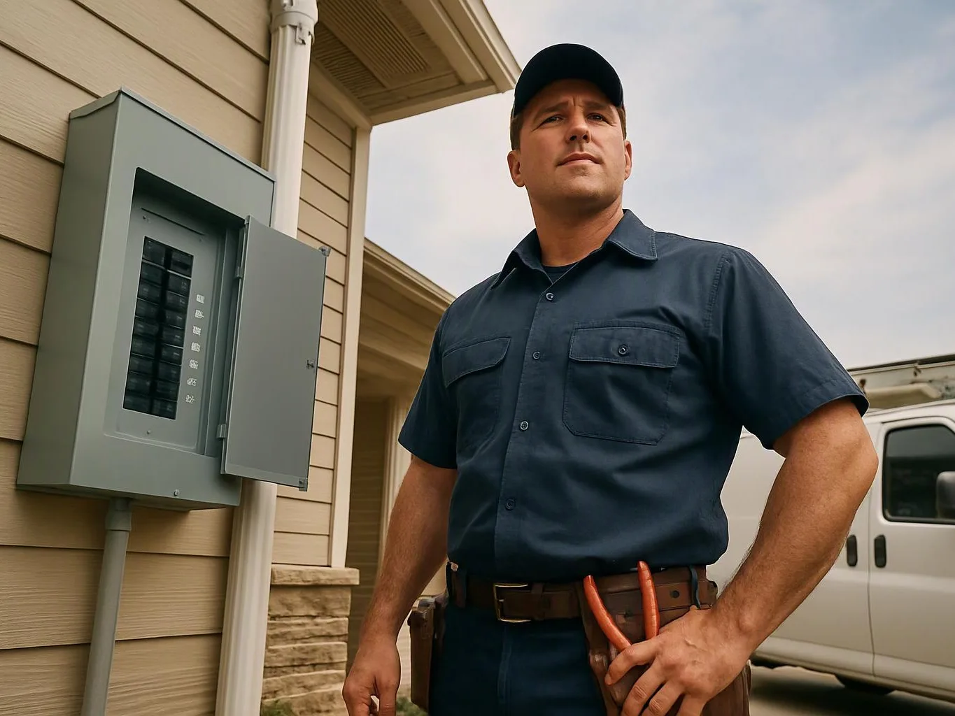 A utility worker stands beside an open breaker panel outside a house, with a service van in the background