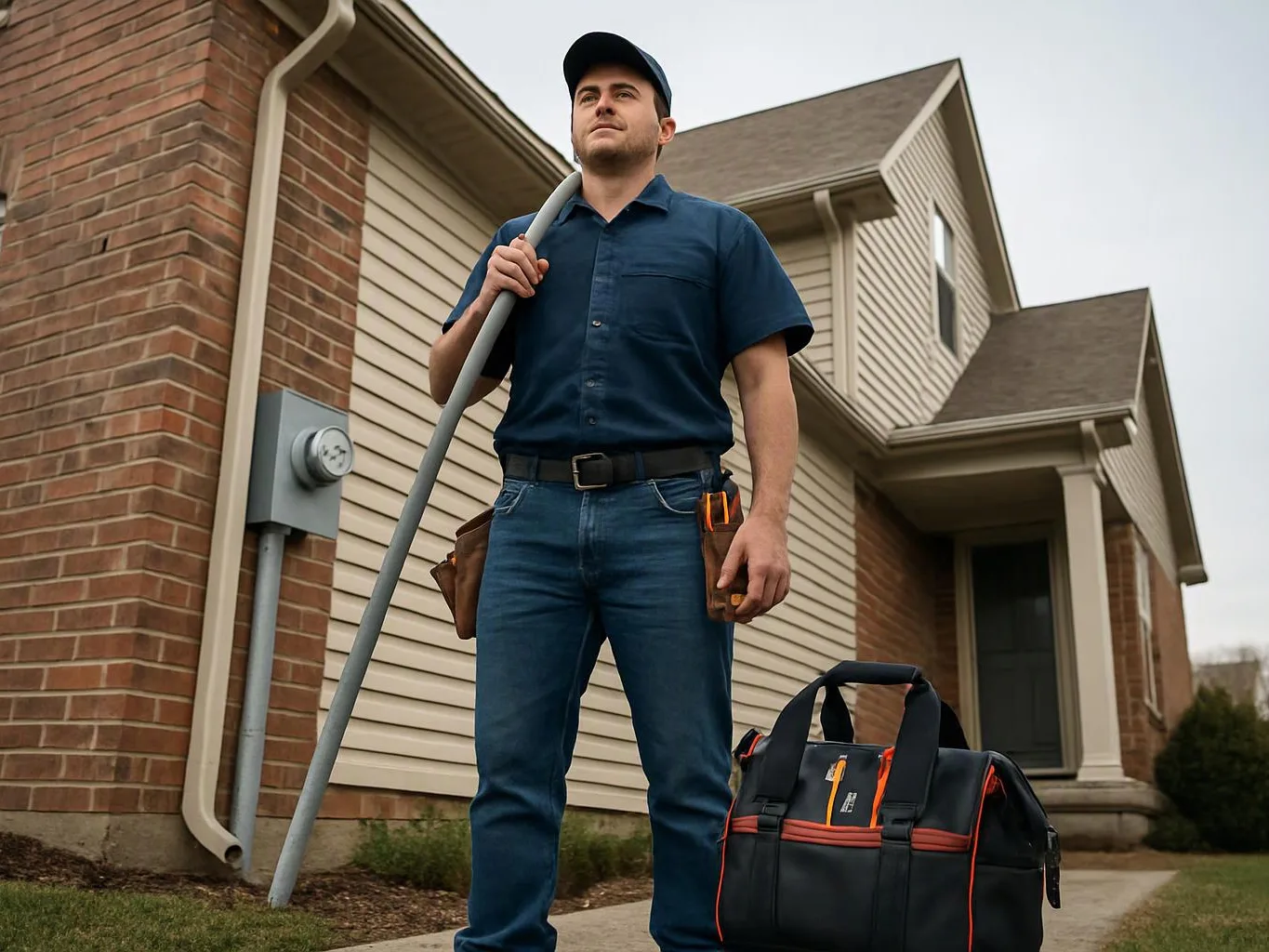 A utility worker stands by a house holding a long pipe, with a tool bag on the walkway