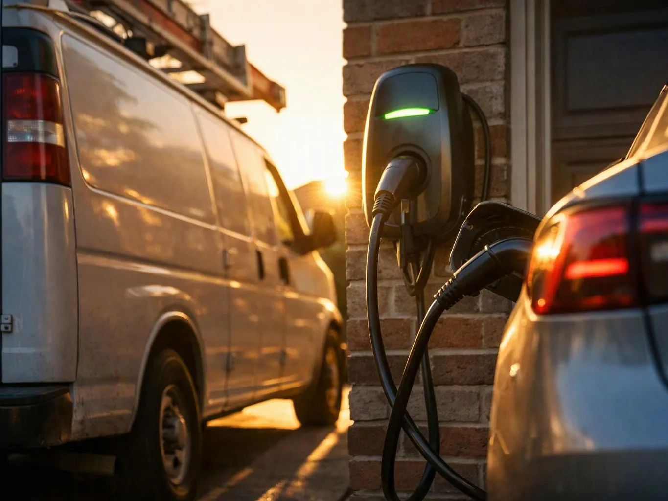 A wall-mounted electric car charger sits between a white van and a silver car at sunset
