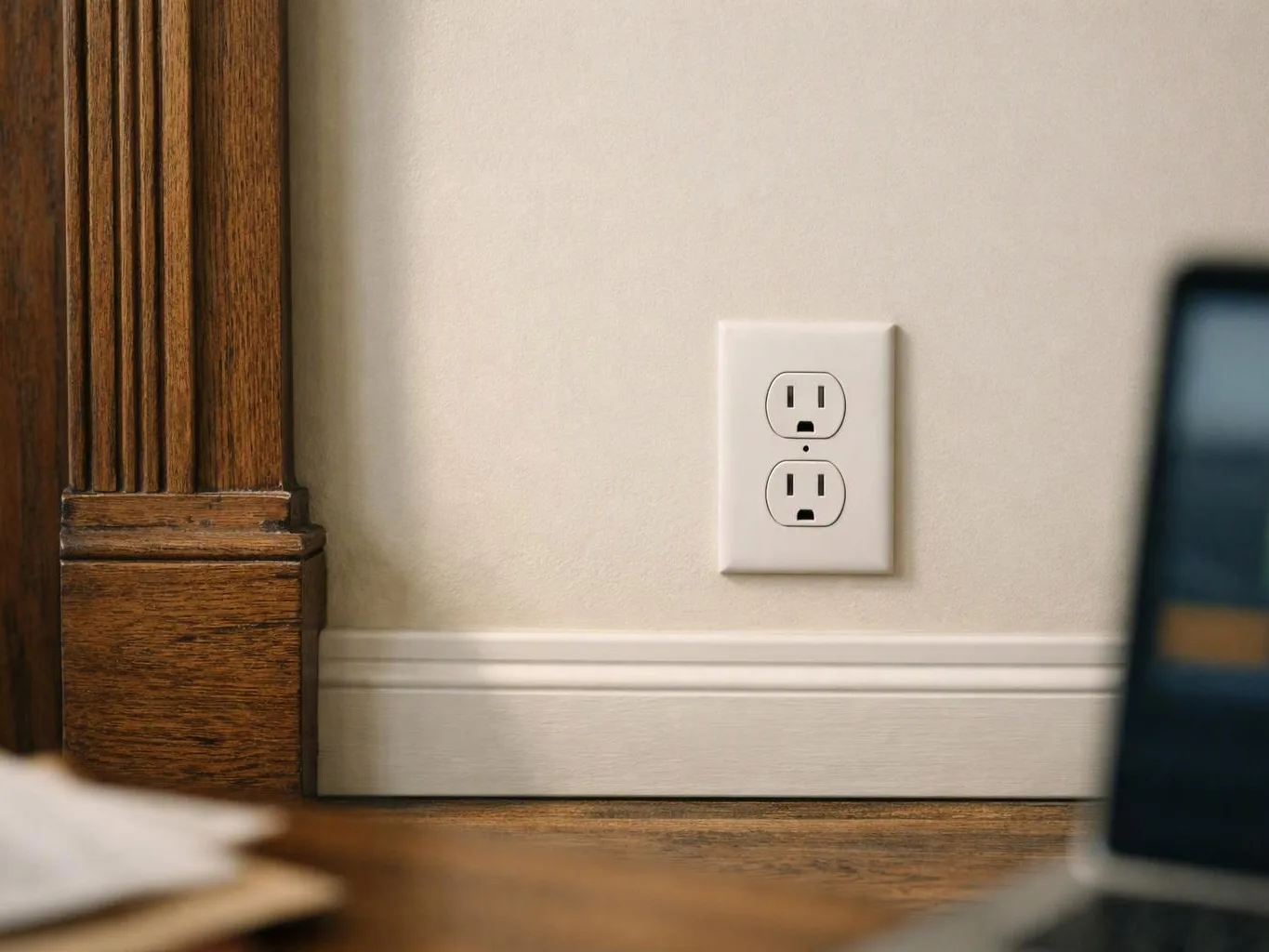 A wall outlet sits on a beige wall beside wood trim, with a blurred laptop edge in the foreground