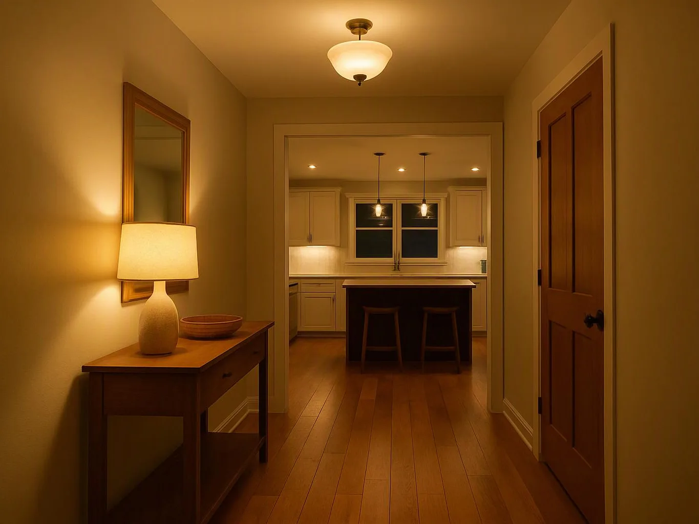 A warmly lit hallway leads to a kitchen with an island, wooden floors, and a table lamp on a console table
