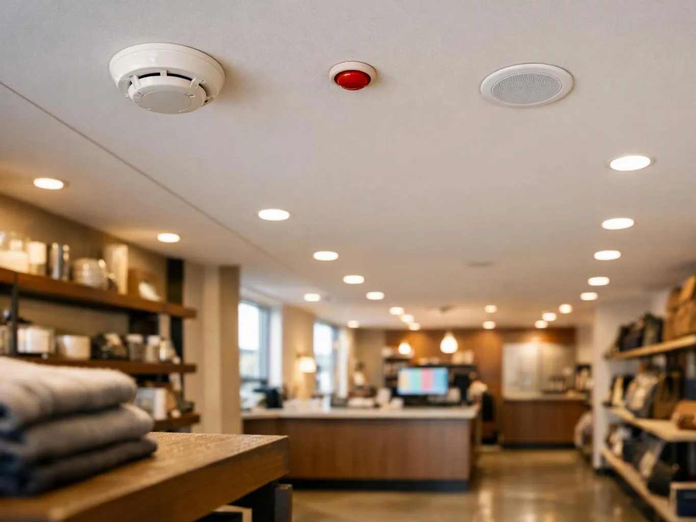 A white ceiling with smoke detectors and lights overlooks a blurred, modern retail room with shelves and counters