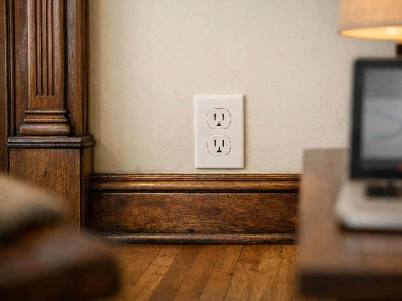A white double electrical outlet sits on a beige wall above dark wood trim and a hardwood floor