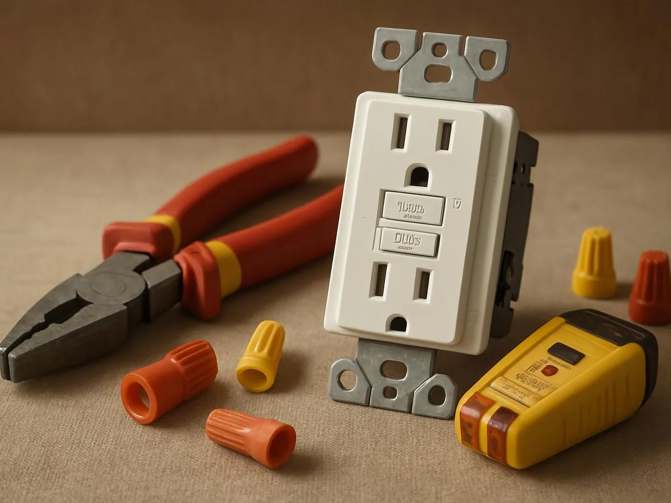 A white electrical outlet sits beside red-handled pliers, wire nuts, and a yellow voltage tester on a tabletop