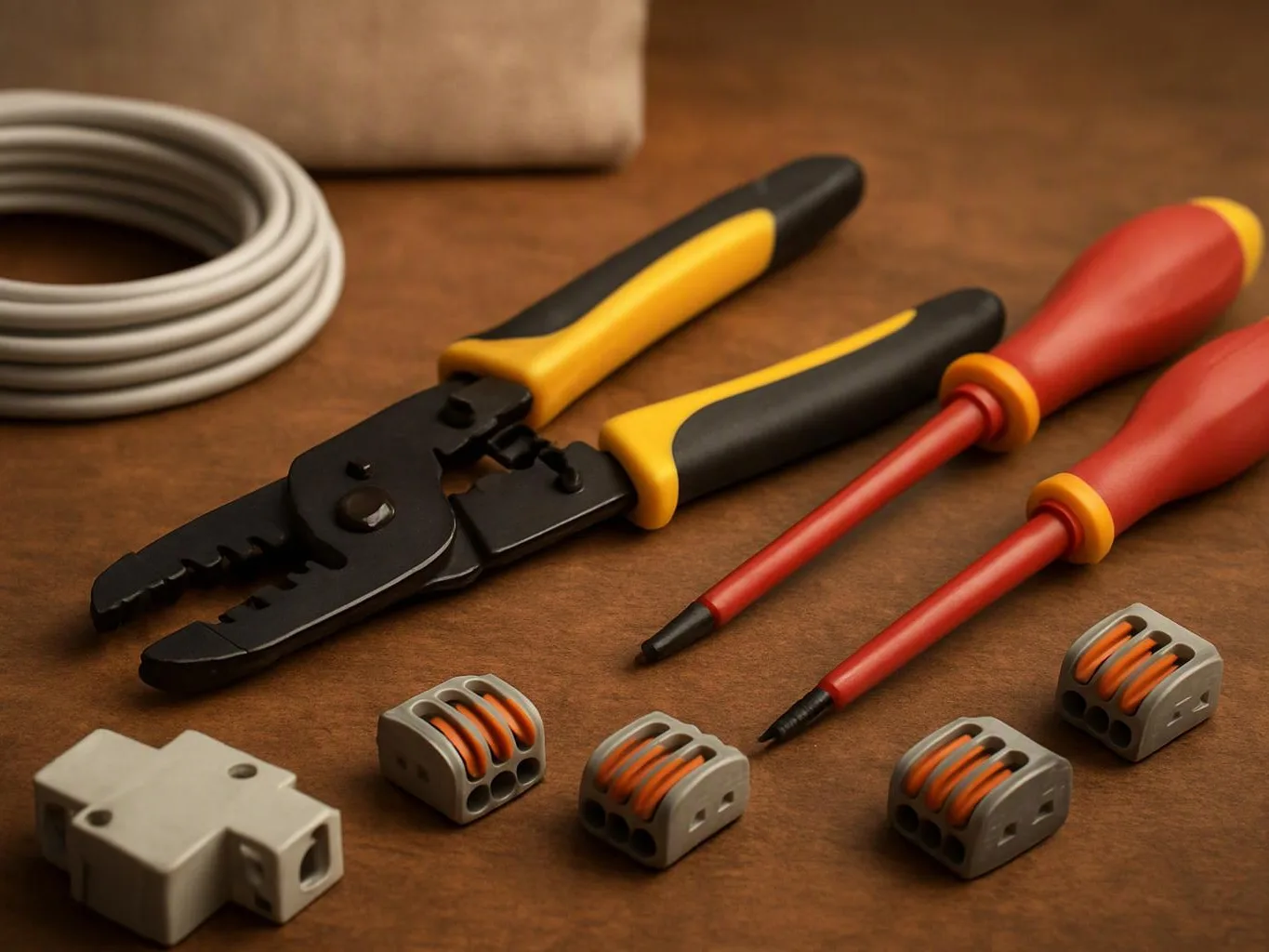 Wire strippers, two screwdrivers, and several electrical connectors lie on a wooden work surface