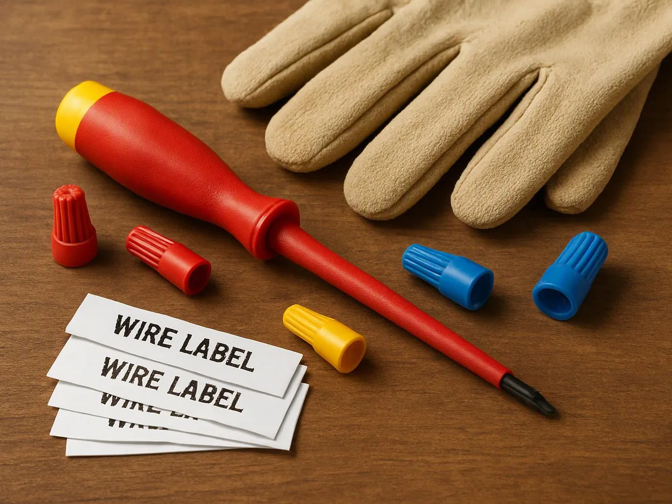 Work gloves, a red wire stripper, color-coded wire caps, and wire labels lie on a wooden table
