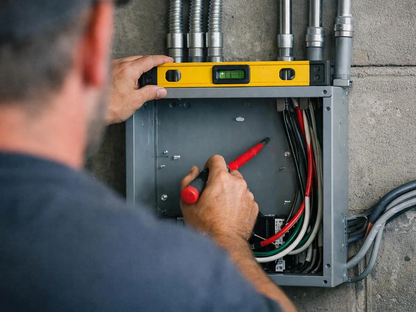 A worker checks an electrical panel with a spirit level and red screwdriver on a concrete wall