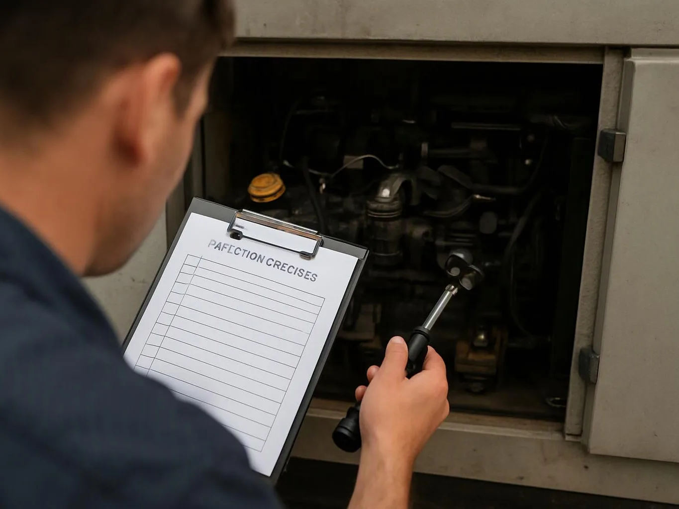 A worker checks machinery with a clipboard and flashlight inside an open metal cabinet