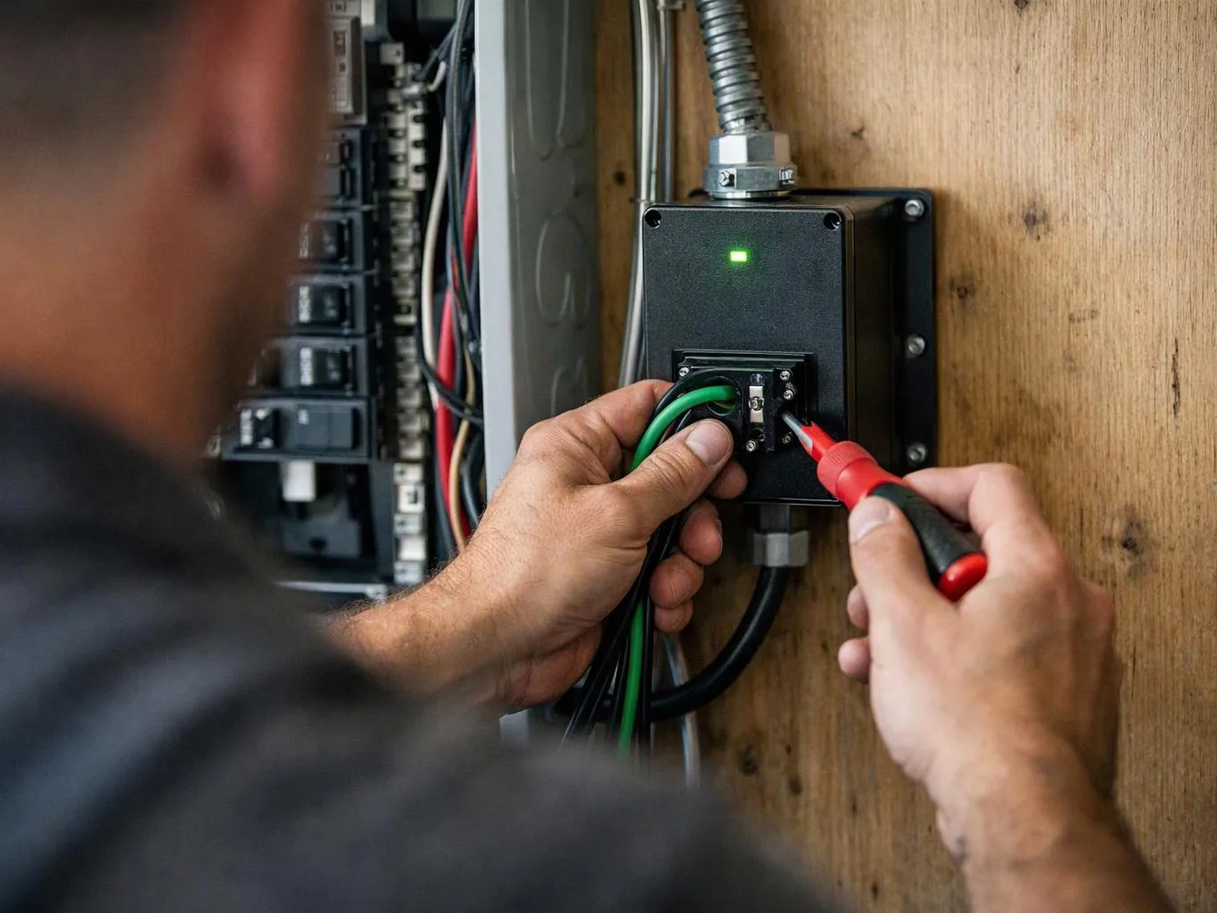 A worker connects wires inside an electrical panel mounted on a wooden wall